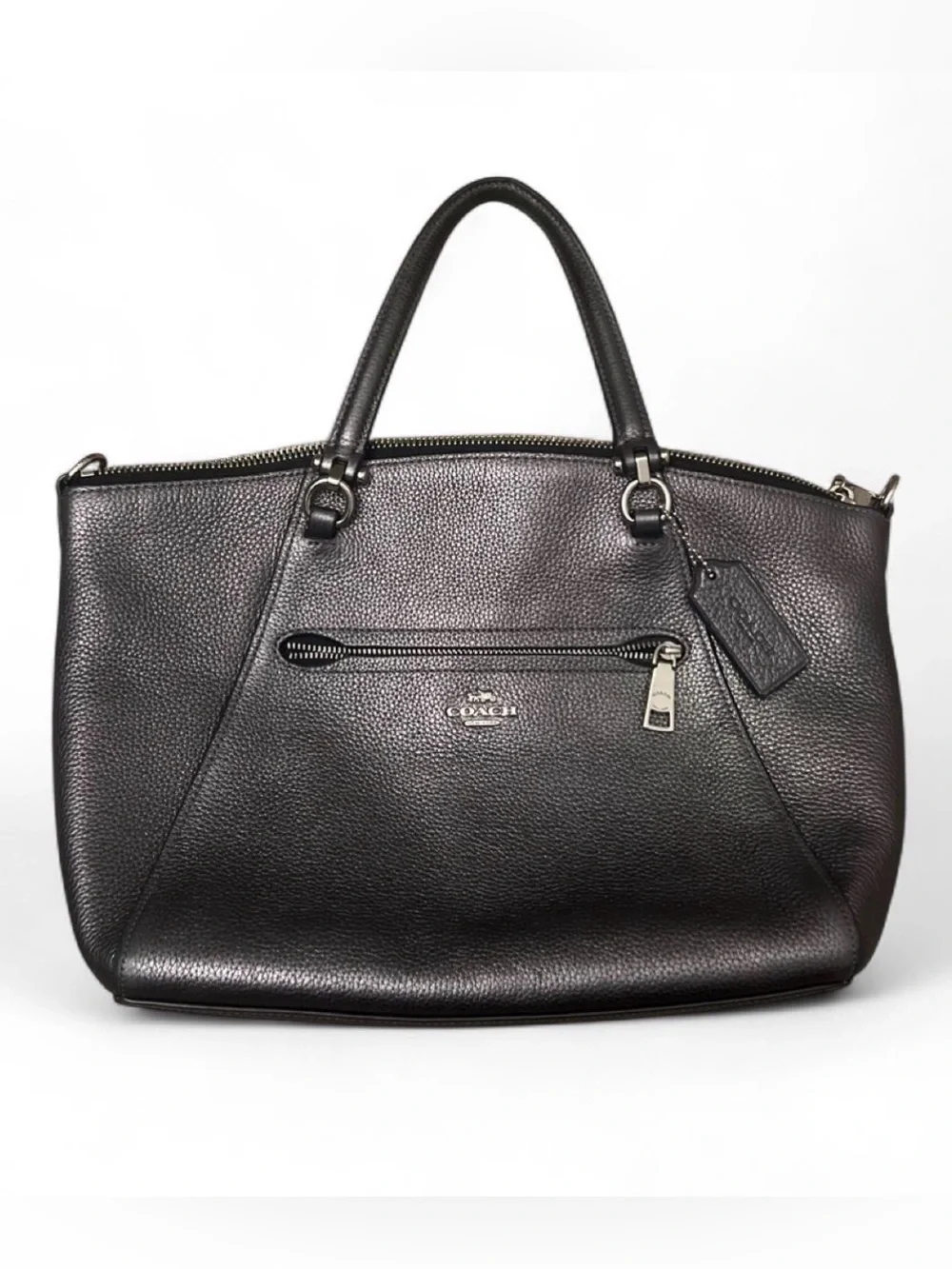 Coach Gray Pebbled Leather Shoulder Bag with Front Zip Pocket Women’s Designer